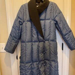 Vintage 1980s Bill Blass Down denim Blue Puffer Coat with Black Collar